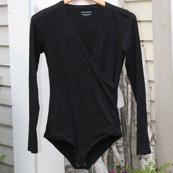 Banana Republic Tops - Banana Republic Black Surplice Neck Long Sleeve Cotton Modal Bodysuit Sz SMALL